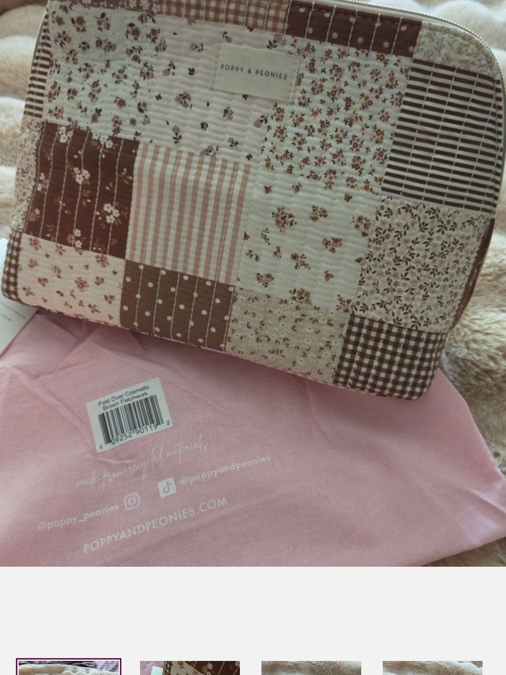 Poppy & Peonies Patchwork Cosmetic Bag in Brown & Cream